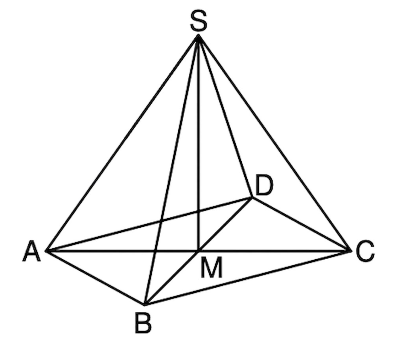 Dreieckspyramide S‑A‑B‑C mit inneren Verbindungsstrecken, Punkt D an Flanke und Punkt M in der Grundfläche.